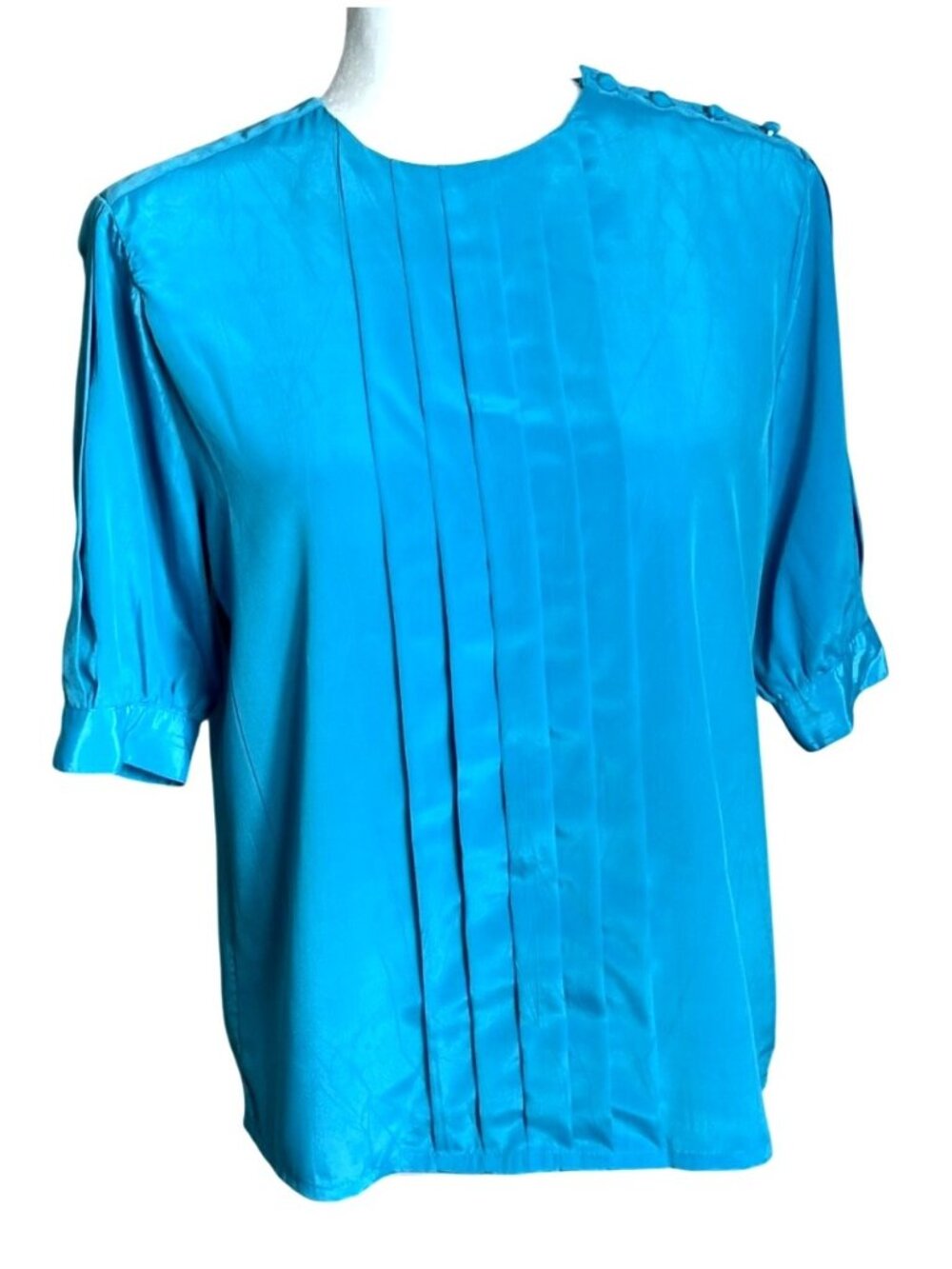 Vtg Worthington Satin Blouse Pleated Preppy Unique Classic Teal Blue Top Wom 8